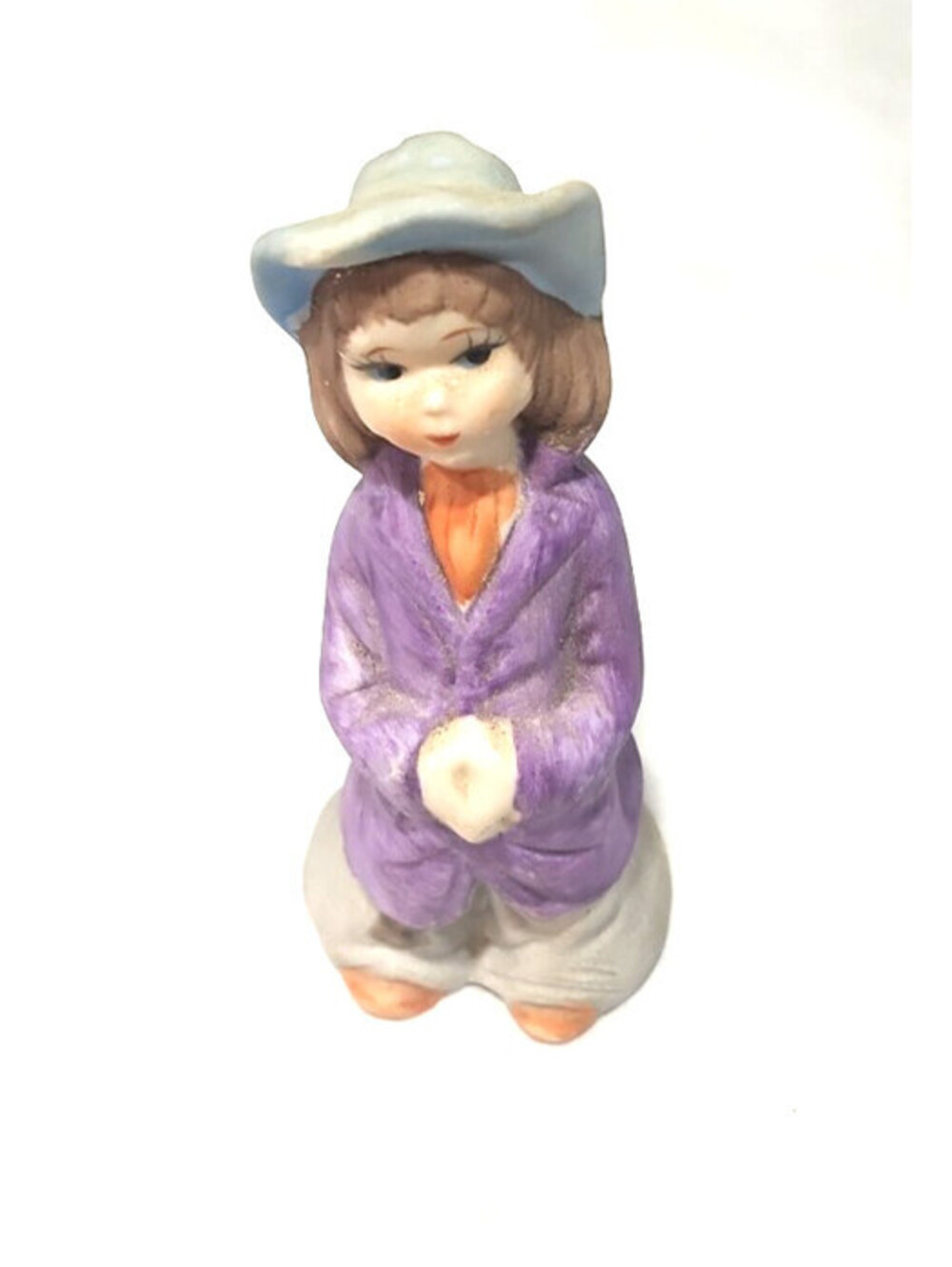 Vintage Small Bisque Hobo Girl Figurine Purple Coat Hummel Style